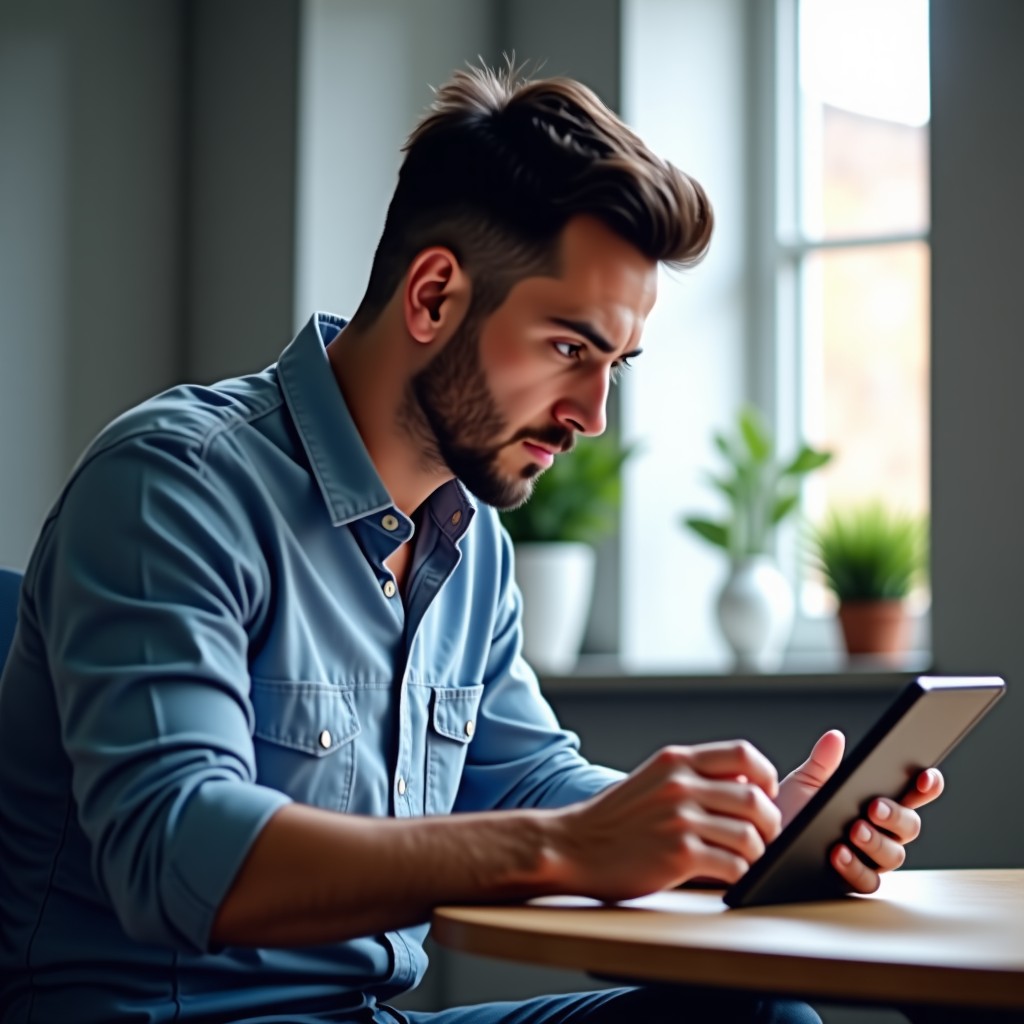 A person learning new professional skills on a tablet, focused and determined expression, professional environment, 4:3