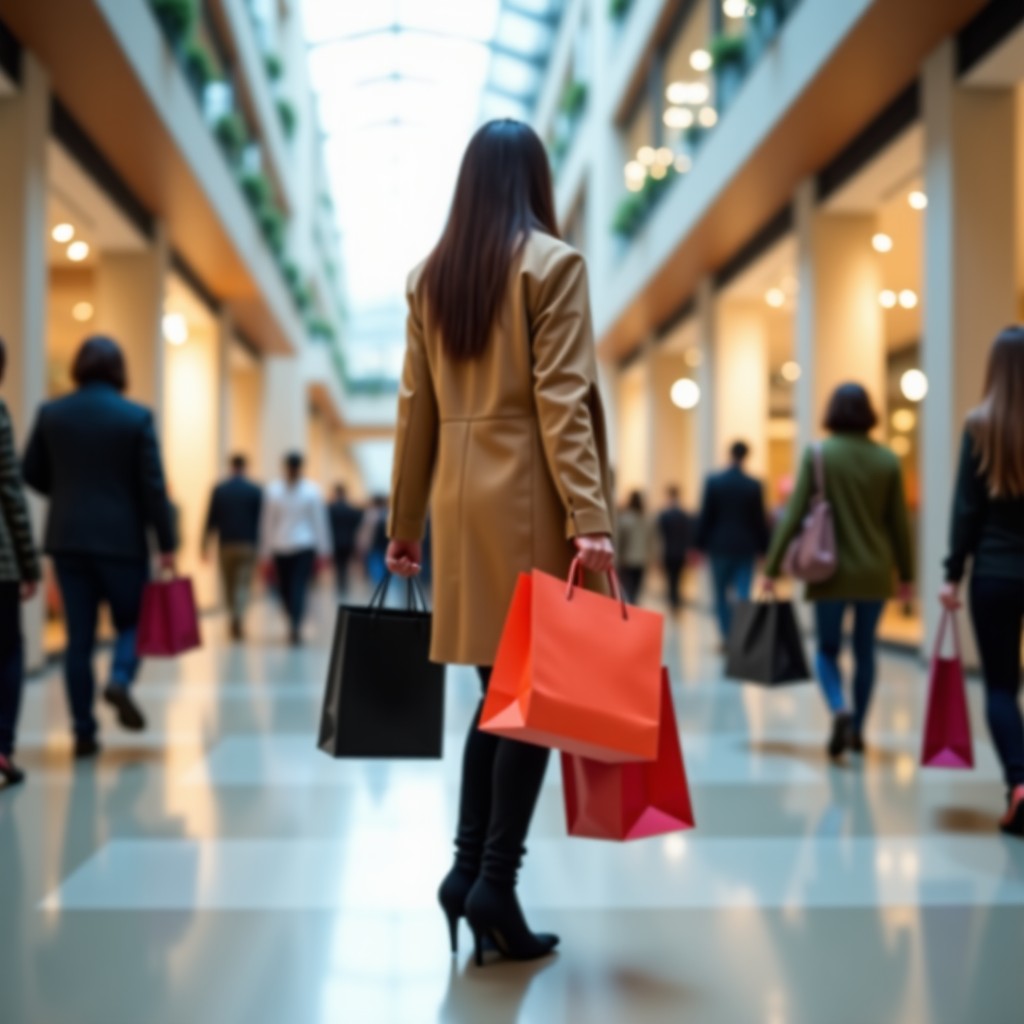 A modern shopper in a high-end department store holding multiple shopping bags, stylish clothing, bright and clean indoor lighting, shallow depth of field, cinematic photography style, 4:3 aspect ratio