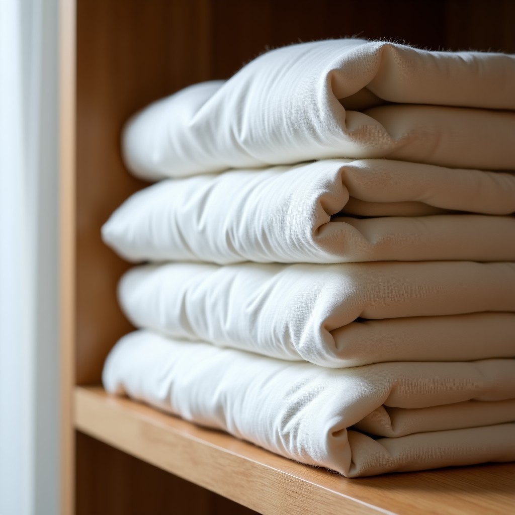 A close-up of folded cotton garments on a wooden shelf, soft natural lighting, minimalist lifestyle aesthetic, neutral color palette, 4:3 aspect ratio