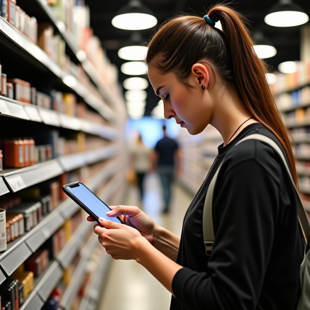 A person focused on checking product details in a store, looking at tags, minimalist background, realistic lifestyle photography, 1:1 aspect ratio