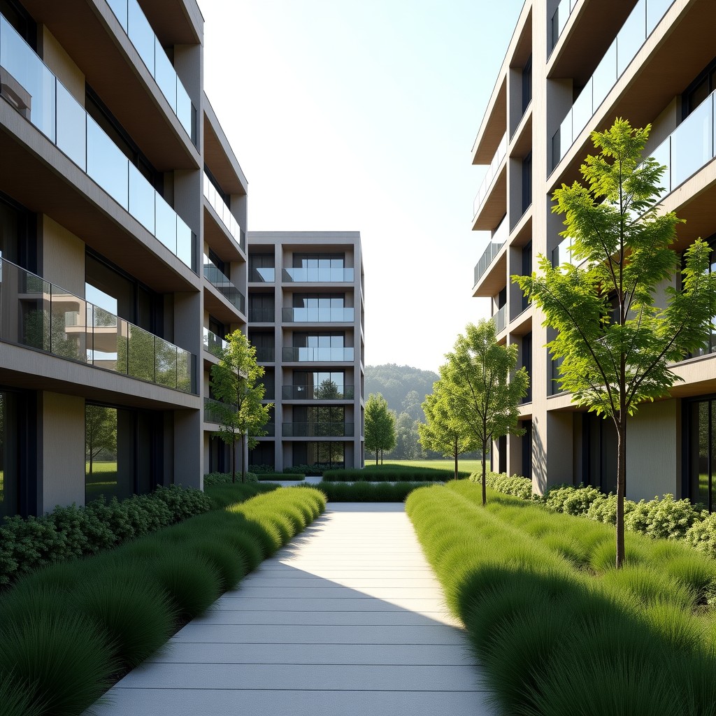 A modern residential complex with walking paths and green spaces, soft daylight, high-quality architectural photography, wide angle view, 4:3