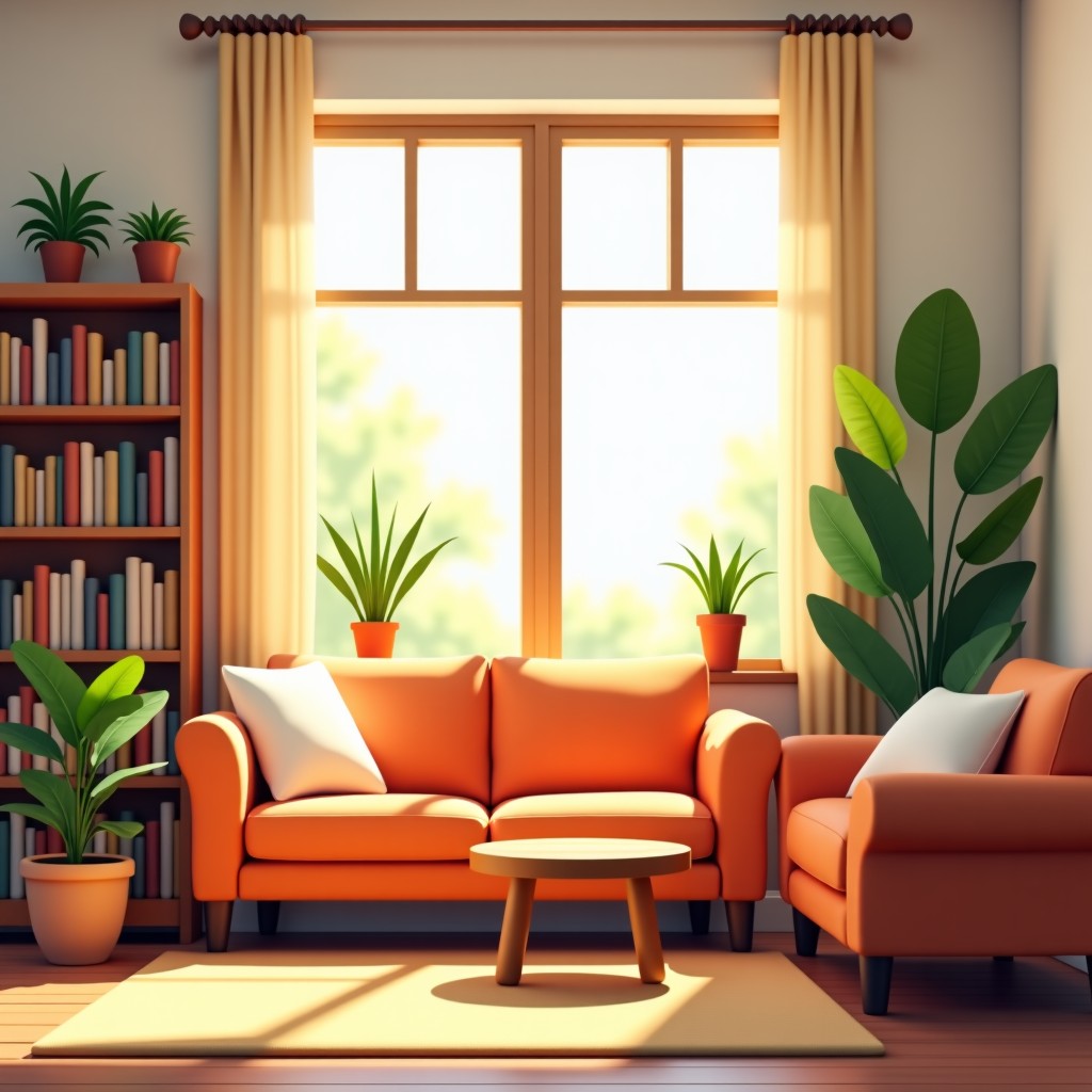 A cozy and bright living room designed for a senior, warm wooden furniture, books, plants, soft natural light streaming through the window, photorealistic, 4:3