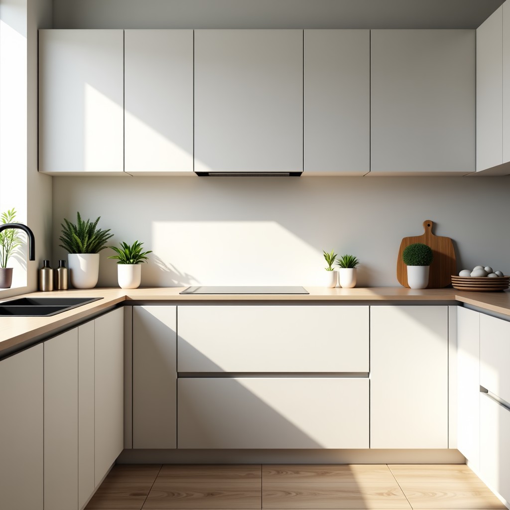 A minimalist and clean kitchen interior, bright colors, organized counter top, fresh aesthetic, high-end home style, 4:3