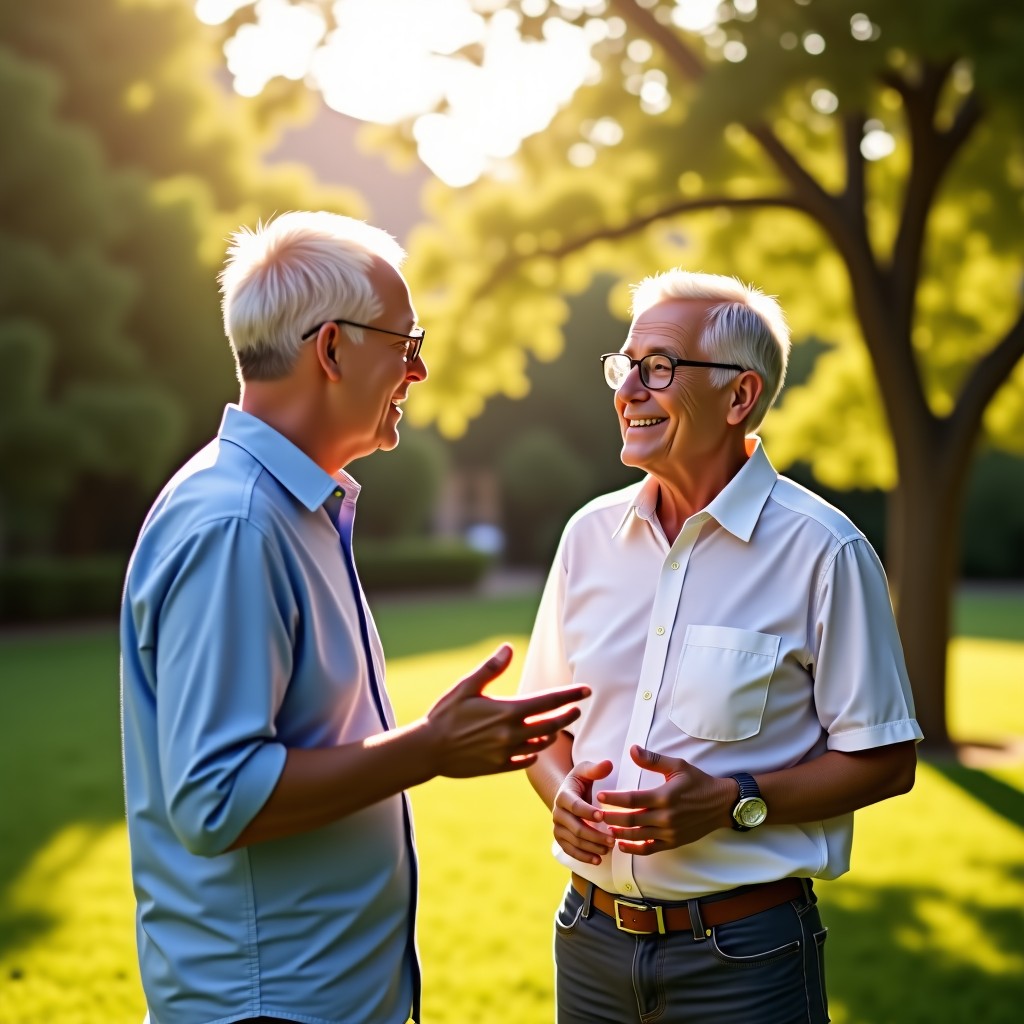 Two middle-aged friends having a conversation in a pleasant outdoor garden, bright and warm sunlight, natural expressions, high quality, 4:3