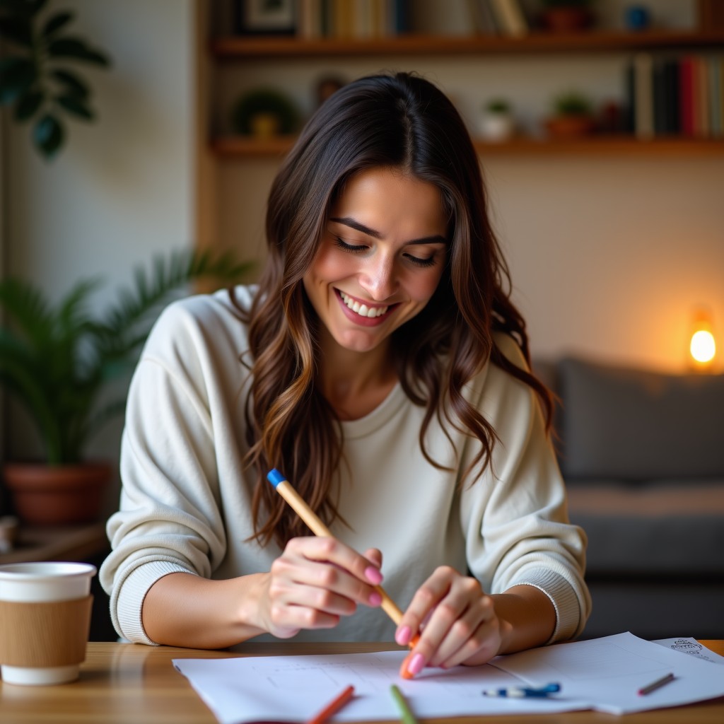 A person relaxing and smiling while finishing a craft project at home, cozy living space, peaceful atmosphere, 4:3