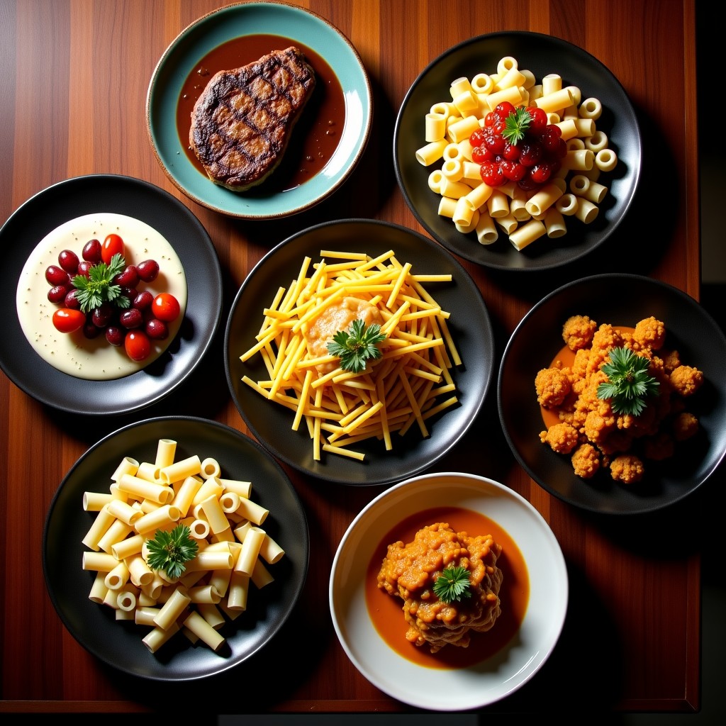 A high quality photo of a wooden dining table filled with diverse international cuisines including steak, pasta, and curry, cinematic lighting, top-down view, 4:3.