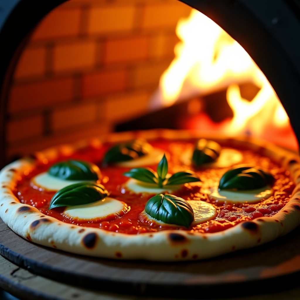 Close up of a freshly baked Neapolitan pizza in a rustic wood-fired oven, melting mozzarella and fresh basil leaves, warm lighting, 4:3.