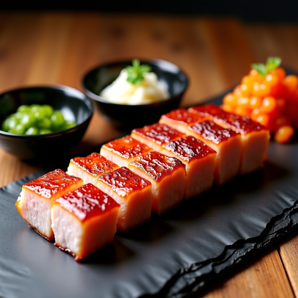 A modern presentation of Korean grilled pork belly with side dishes and kimchi on a slate plate, elegant restaurant style, 4:3.
