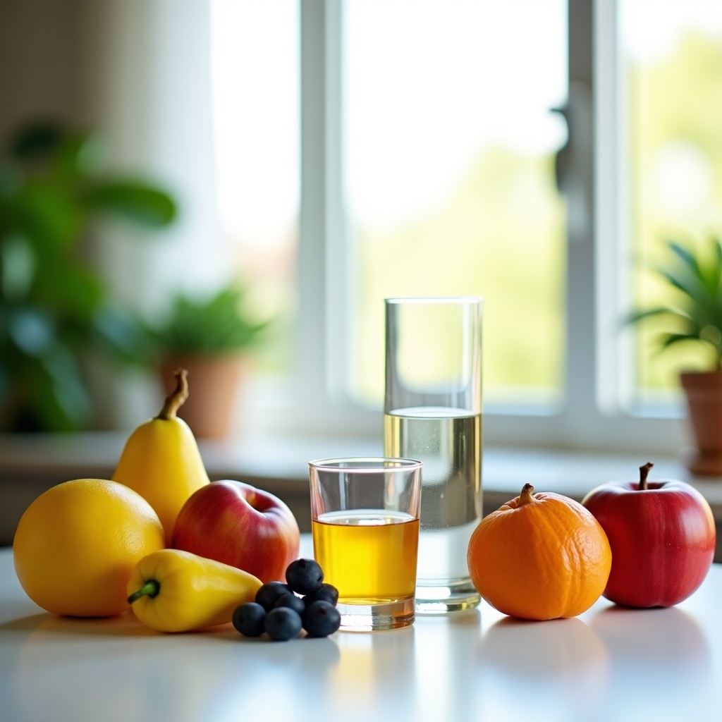 Healthy lifestyle composition with fresh fruit, water, and meditation, bright and clean aesthetic, professional photography, 4:3 aspect ratio
