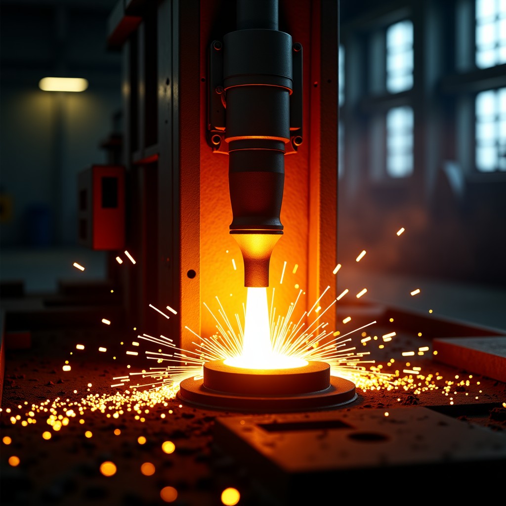 Close-up of a modern electric arc furnace in operation with sparks flying, clean and industrial aesthetic, cinematic lighting, 4:3