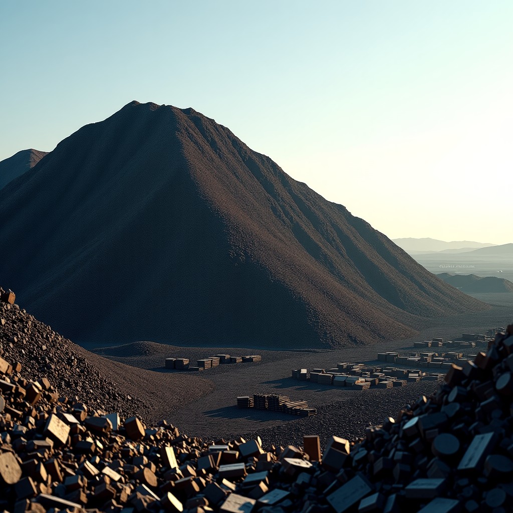 A mountain of recycled industrial scrap metal being sorted for an electric furnace, realistic photography, sharp focus, 4:3
