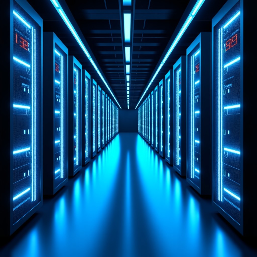 Modern data center with glowing lines representing artificial intelligence training, high contrast lighting, 4:3