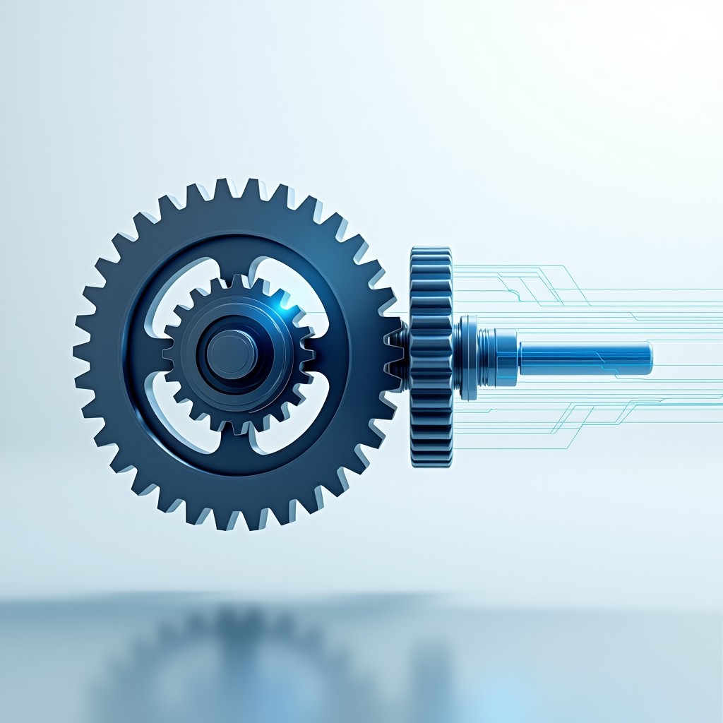 A complex mechanical gear system transitioning into digital holographic lines, clean minimalist background, 4:3