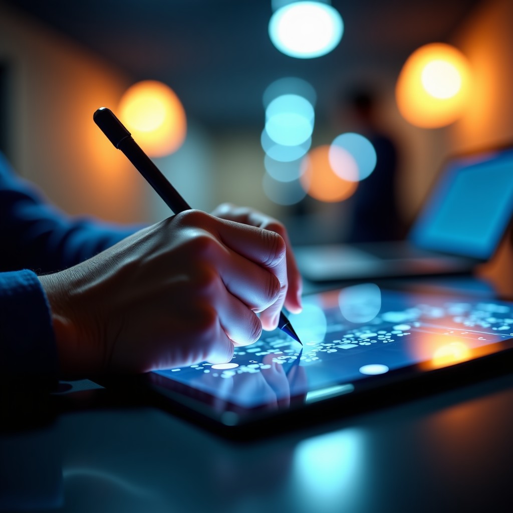 Close up of a creative professional working on a digital tablet with futuristic light patterns in the background, warm natural lighting, 4:3