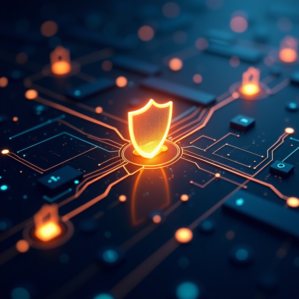 Cyber security digital background with secure glowing shield icons and glowing binary data streams, high tech, dark blue and gold tones, 4:3 aspect ratio