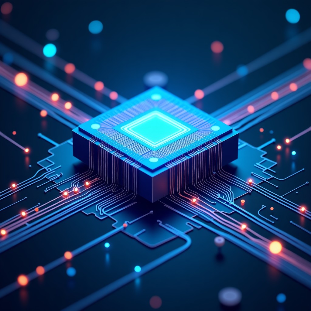 Abstract artistic rendering of quantum computer architecture, cooling system, interconnected fiber optic cables, high precision technology, 4:3 aspect ratio