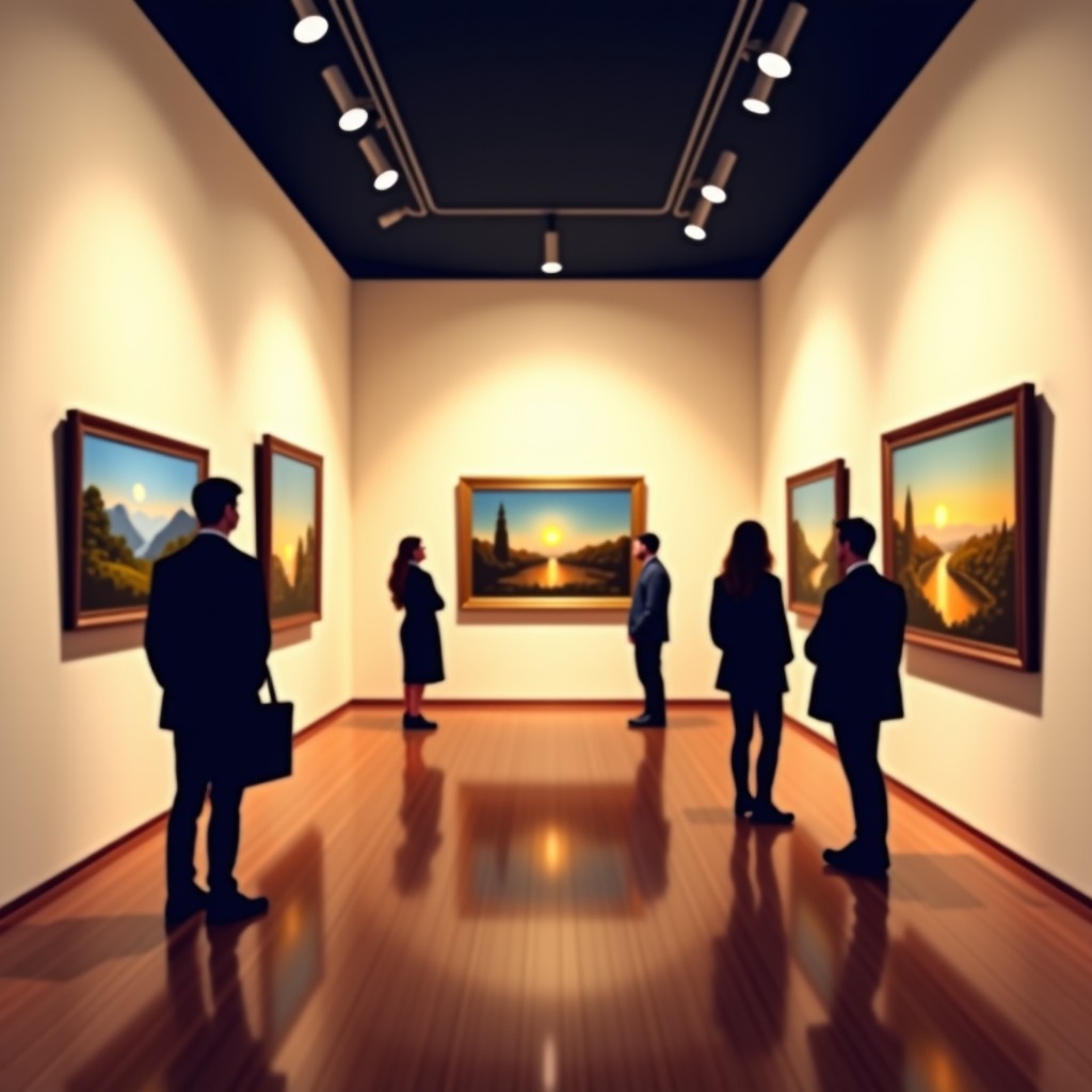 Impressionist style painting gallery, soft warm lighting, people viewing art, elegant exhibition space, 4:3