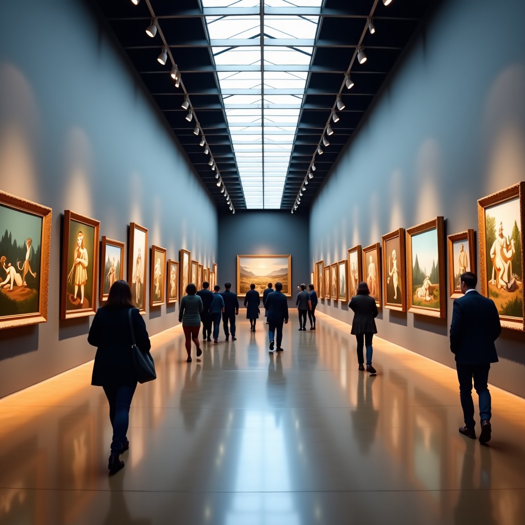 Large exhibition hall with multiple paintings on display, high ceiling, sophisticated atmosphere, people walking, 4:3