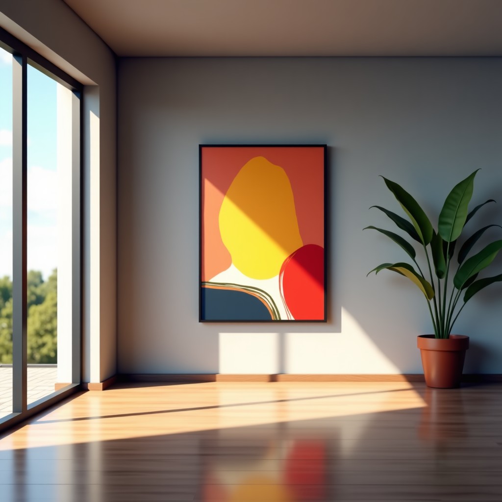 Abstract and impressionist art gallery interior, spotlight on painting, modern interior design, 4:3