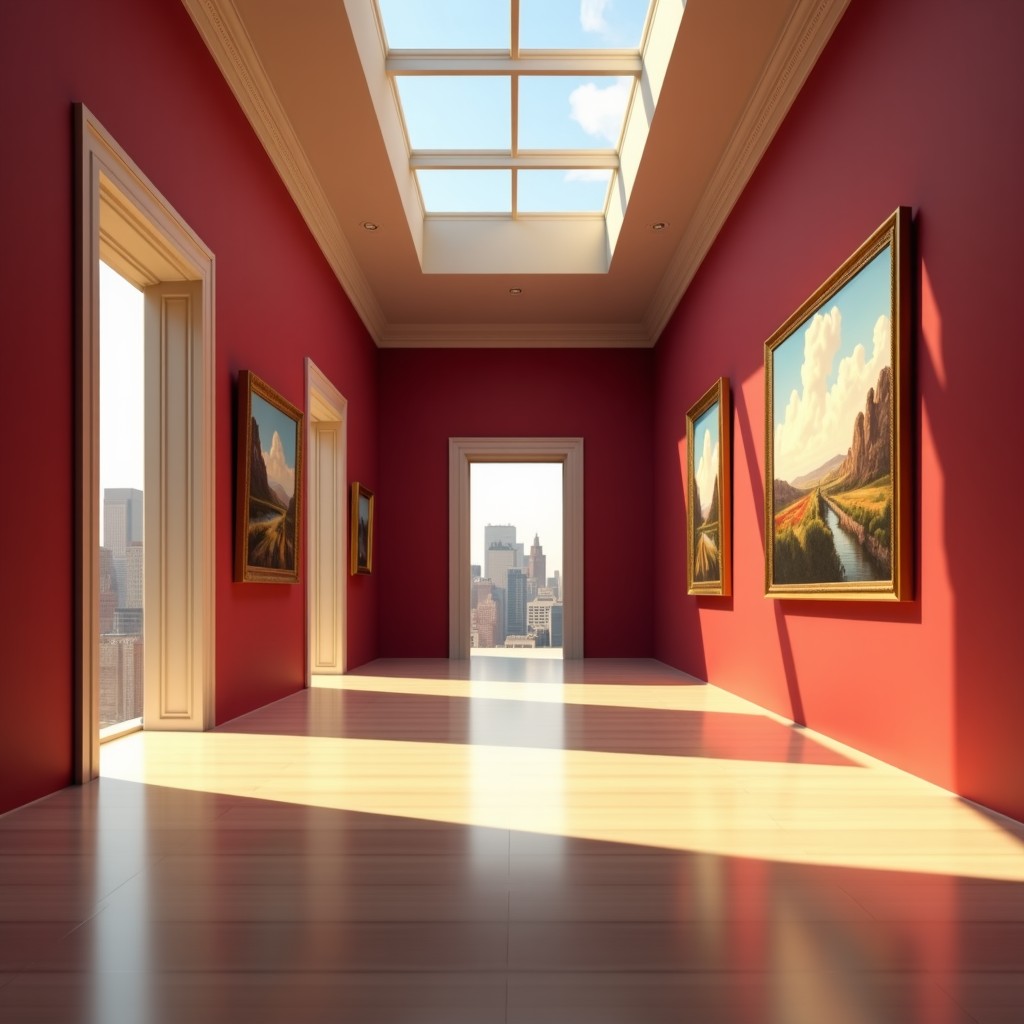 Elegant interior of a world-class art museum, wide angle view, artistic and peaceful ambiance, 4:3
