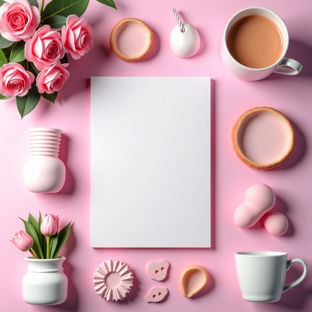 A flat lay of magical girl themed aesthetic stationery and cafe accessories, soft pastel pink and magical aura, cinematic lighting, high resolution, 4:3