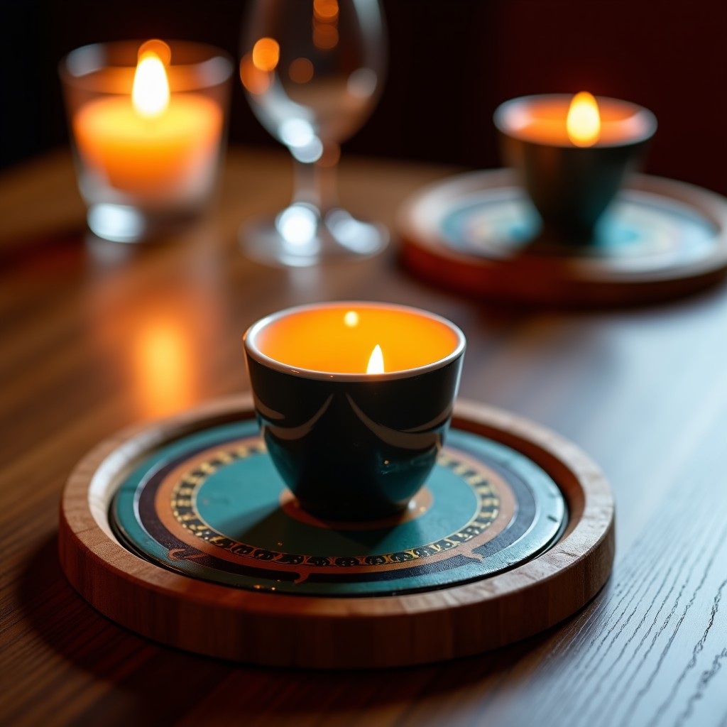 Detailed close up of a magical circle cup coaster and a wand shaped stirrer, elegant tabletop setting, vibrant colors, shallow depth of field, 4:3