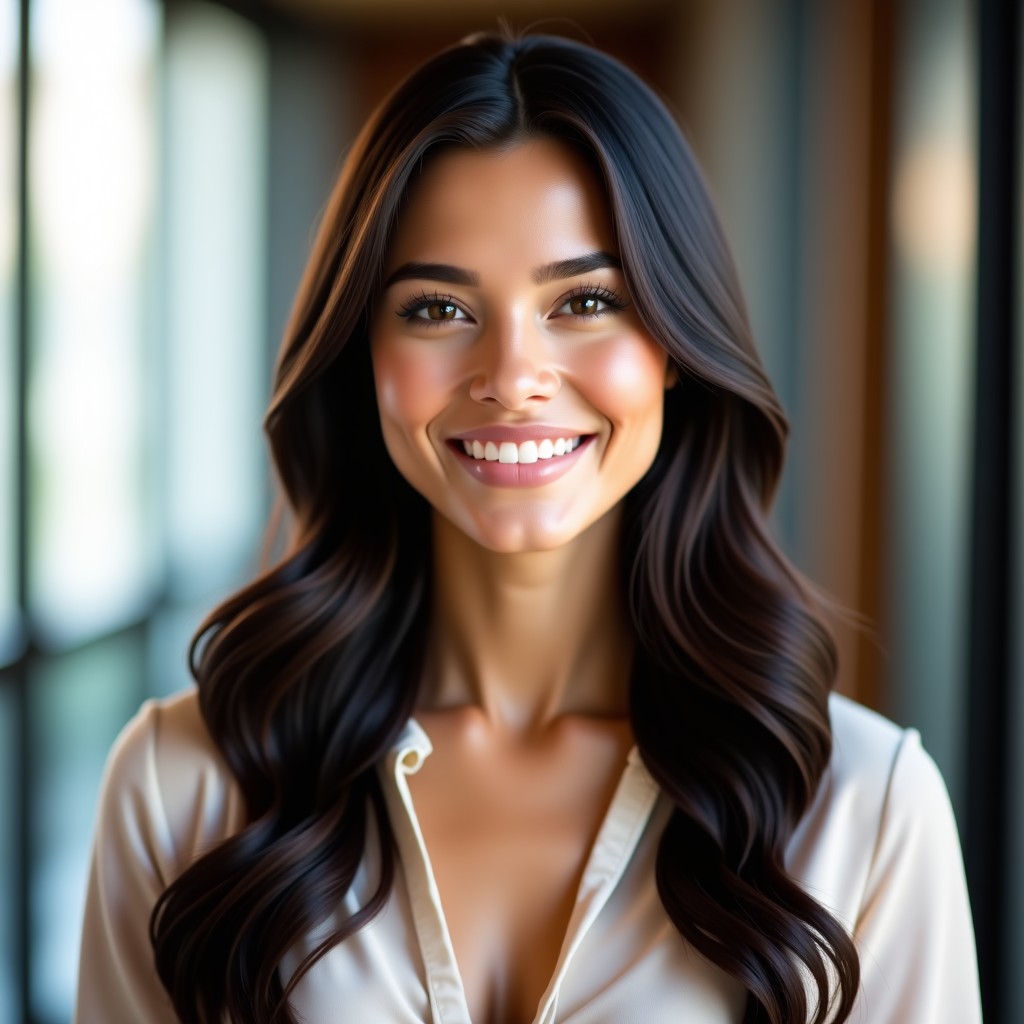 A candid portrait of a young professional woman in a modern, casual setting, soft natural lighting, elegant style, high resolution, 4:3.