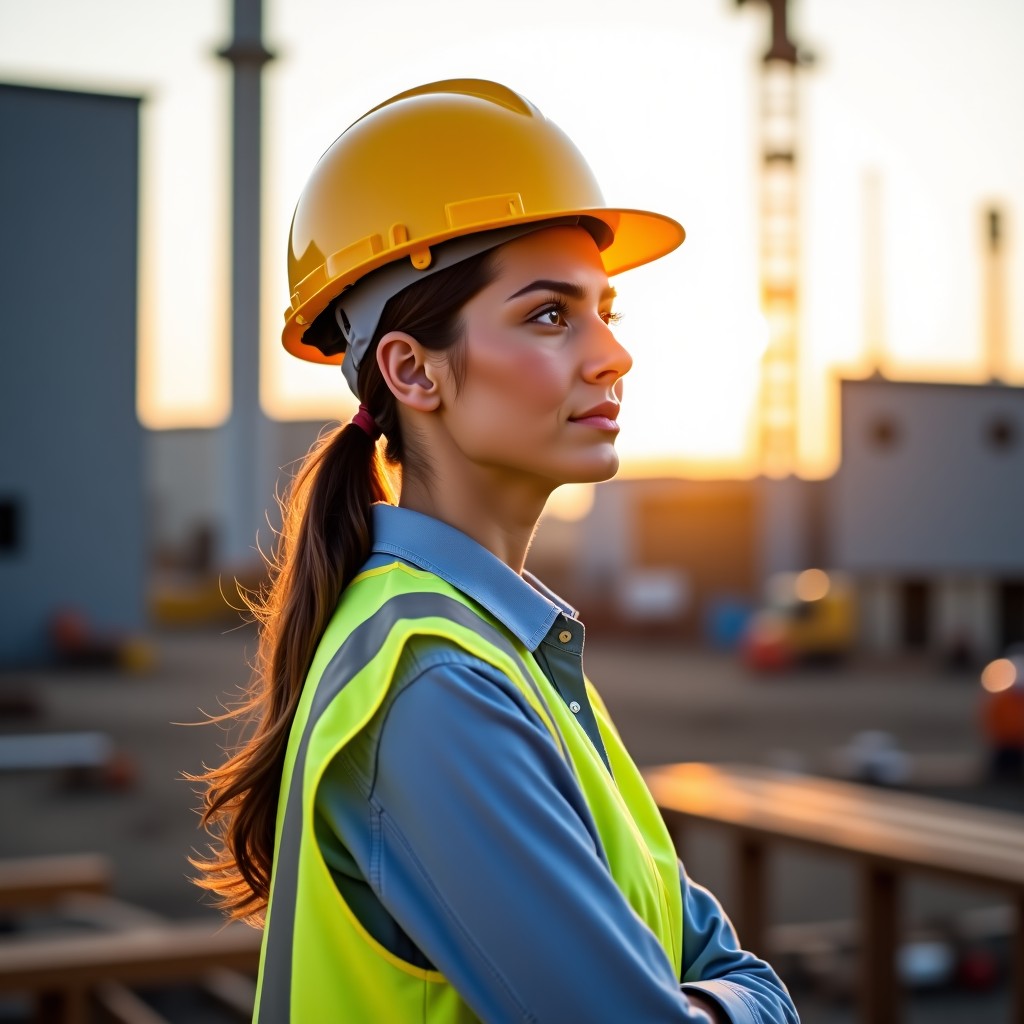 A professional woman in a hard hat standing at a construction site, focused expression, industrial background, bright sunlight, realistic style, 4:3.