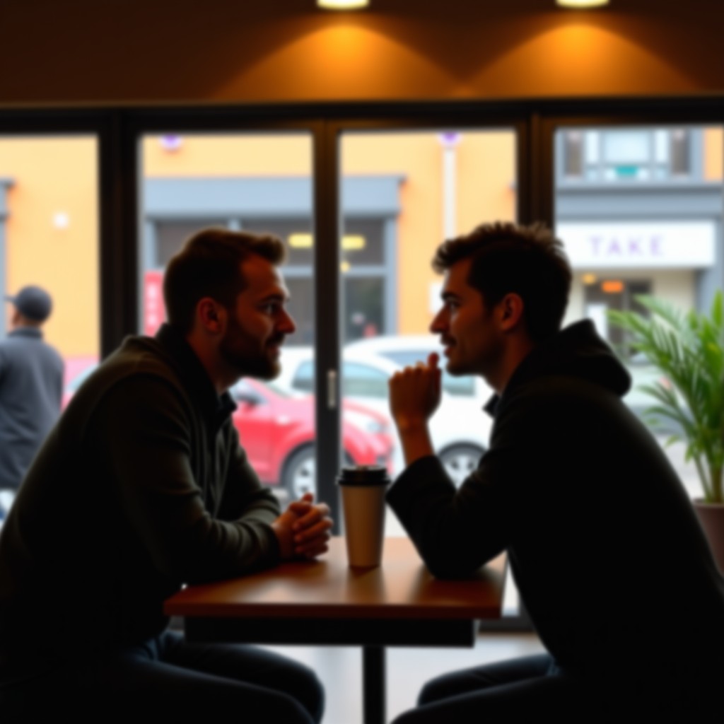 Two people having a deep conversation in a cozy modern cafe, blurred background, warm atmosphere, authentic photography, 4:3.