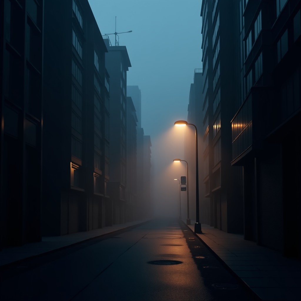 A dark, cinematic street view at dawn, mysterious urban atmosphere, high contrast, minimalist architectural elements, 4:3 ratio