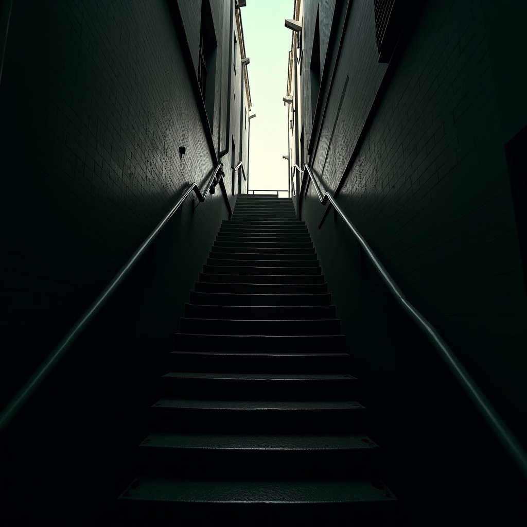 A narrow apartment staircase with deep shadows, urban environment, realistic lighting, sense of mystery, cinematic photography, 4:3 ratio