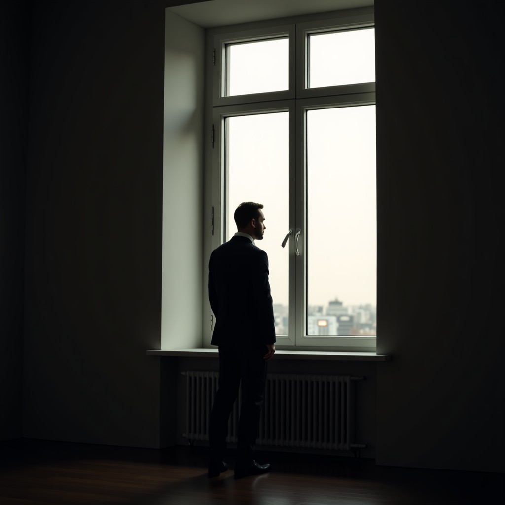 A person standing in a dimly lit room looking out the window, contemplative mood, professional attire, soft natural light, realistic photography, 4:3 ratio