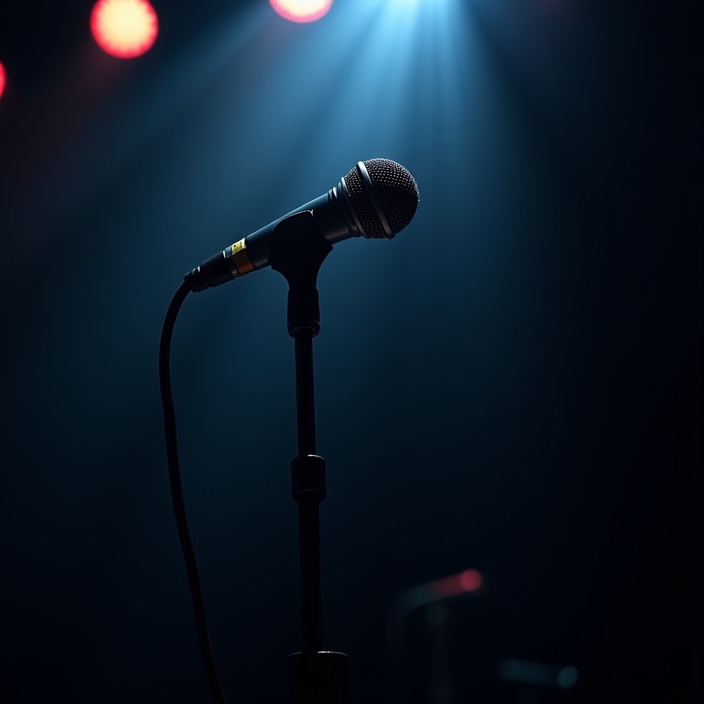 Close-up of a microphone stand on a dark stage, suspenseful atmosphere, sharp focus, 4:3