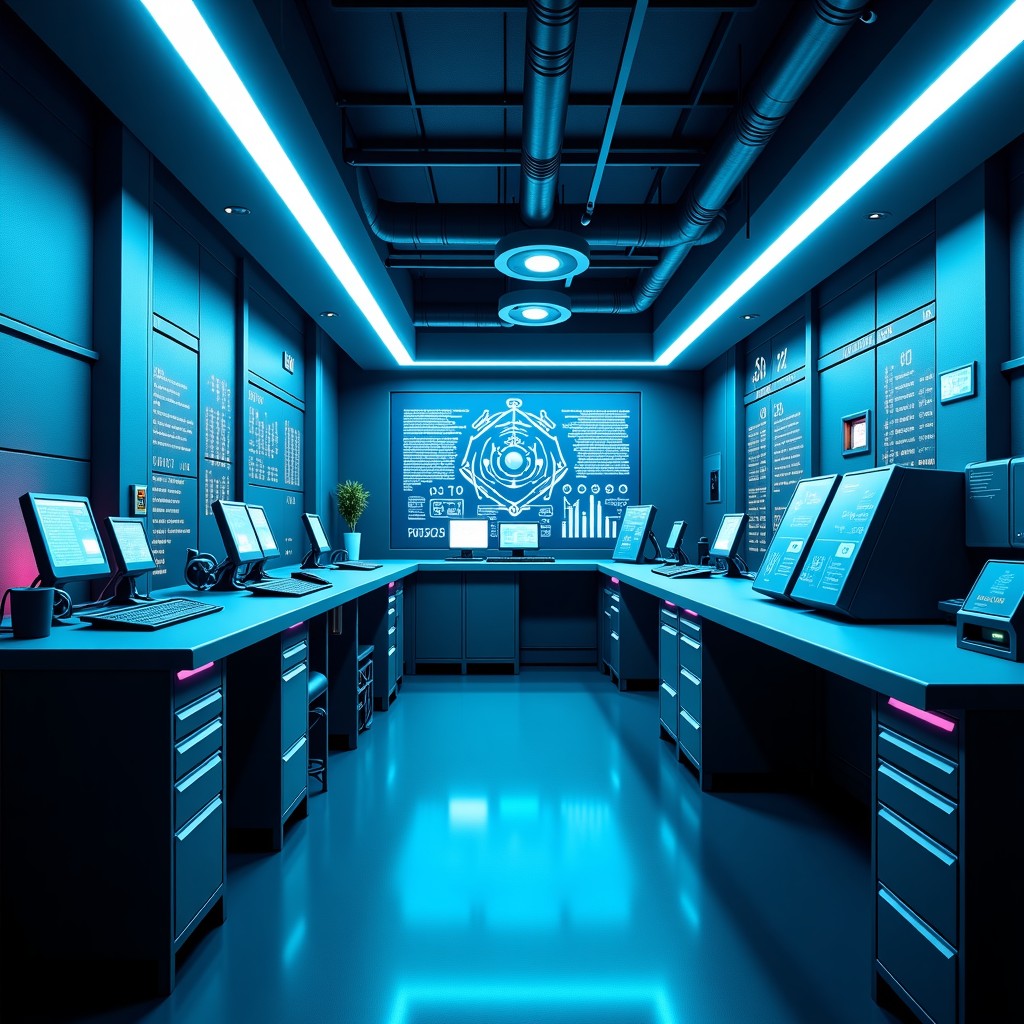 A high-tech laboratory environment with complex digital interfaces and data circuits, clean engineering aesthetic, cinematic lighting, 1:1