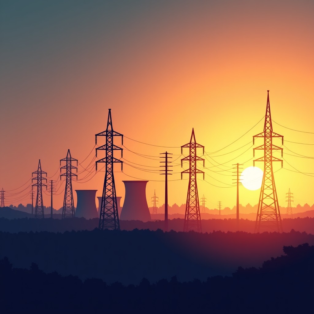 Concept art of a modern energy grid and power plant with renewable technology integration, sunset background, golden hour lighting, 16:9