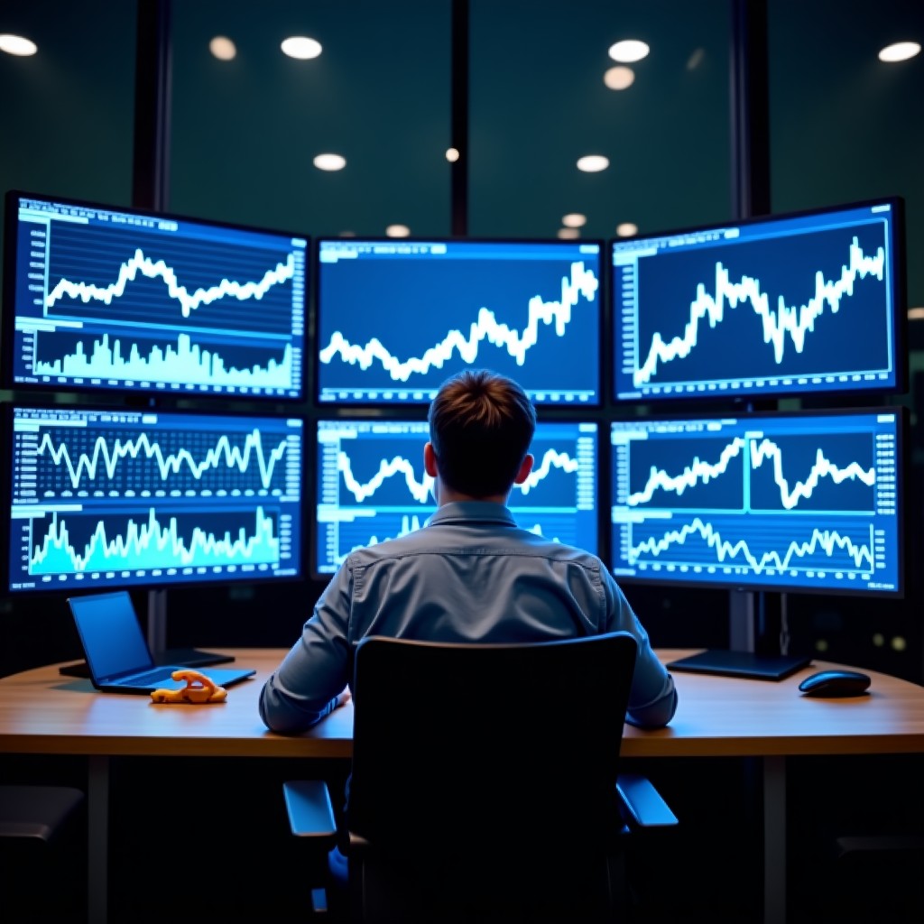 A professional analyst desk with multiple screens showing stock charts and economic trends, clean and professional atmosphere, 16:9
