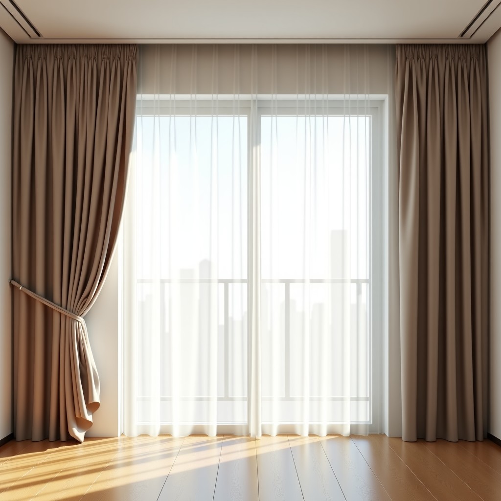 Elegant fabric curtain gliding smoothly along a ceiling-mounted rail, bright and airy room, high resolution, interior design details, 4:3 aspect ratio.