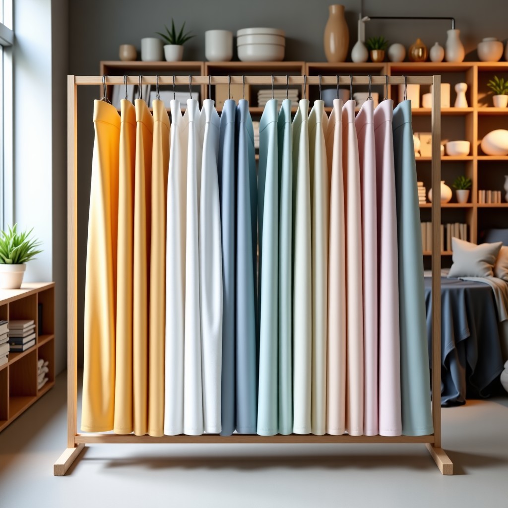 A display rack of various fabric curtains in a home decor store, soft lighting, pastel colors, organized shelves, high quality, 4:3 aspect ratio.