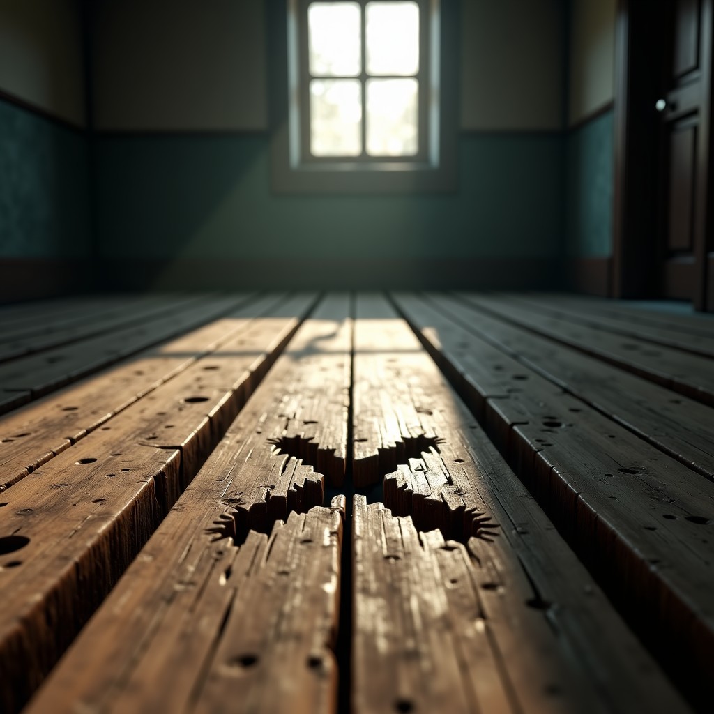 A first-person view of an old wooden floor board with a marked X inside a ruined house in a video game setting, dusty atmosphere, realistic lighting, 16:9 aspect ratio