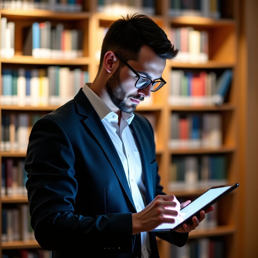A professional man in a casual outfit checking facts on a digital tablet in a bright library, soft lighting, focus on analytical expression, 4:3 aspect ratio