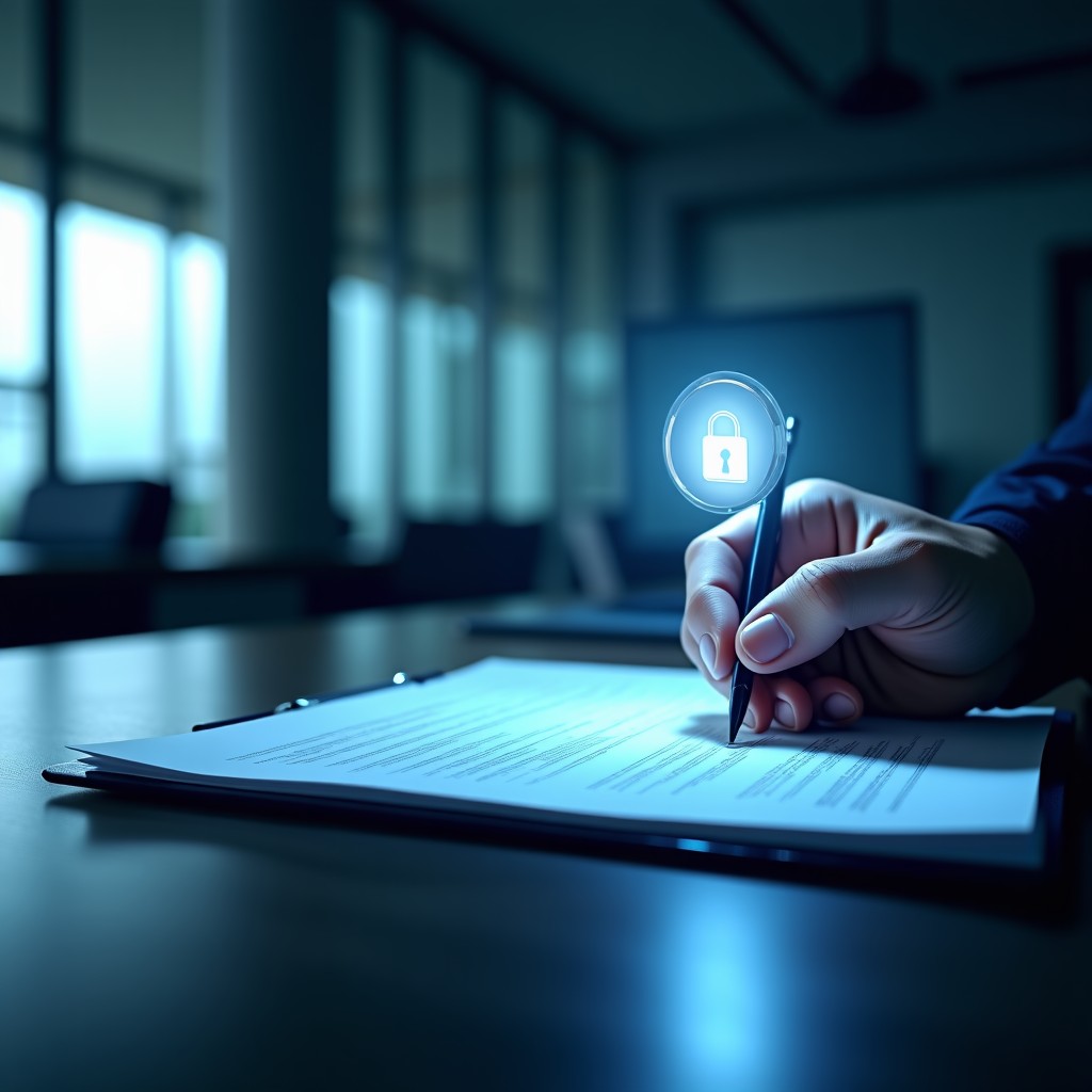 A conceptual image representing legal documentation and digital security, clean lines, professional and serious atmosphere, modern office lighting, 4:3 aspect ratio