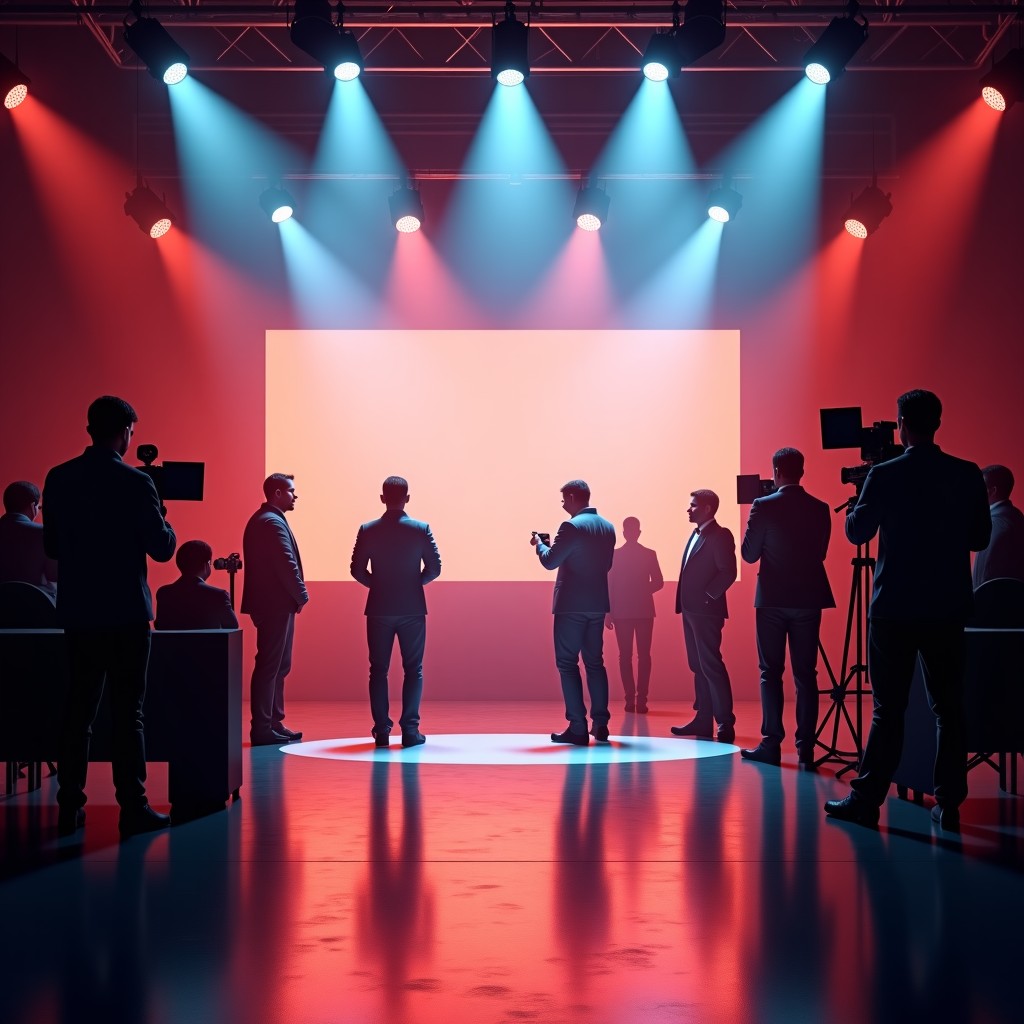 A cinematic shot of a massive movie production set with bright studio lights and professional cameras, high-quality film industry atmosphere, 4:3