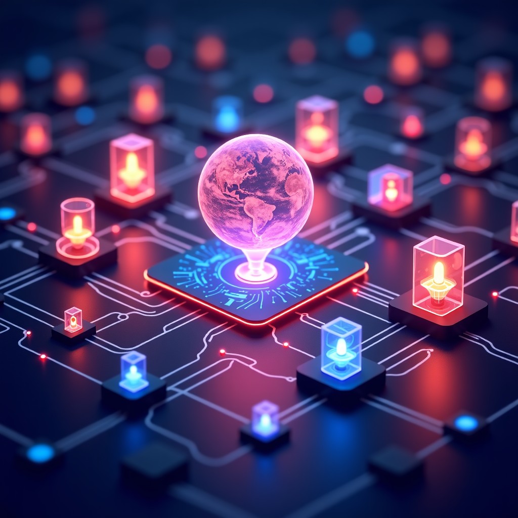 A digital concept of global streaming platforms and cinema, conceptual illustration of interconnected digital entertainment, vibrant lighting, 4:3