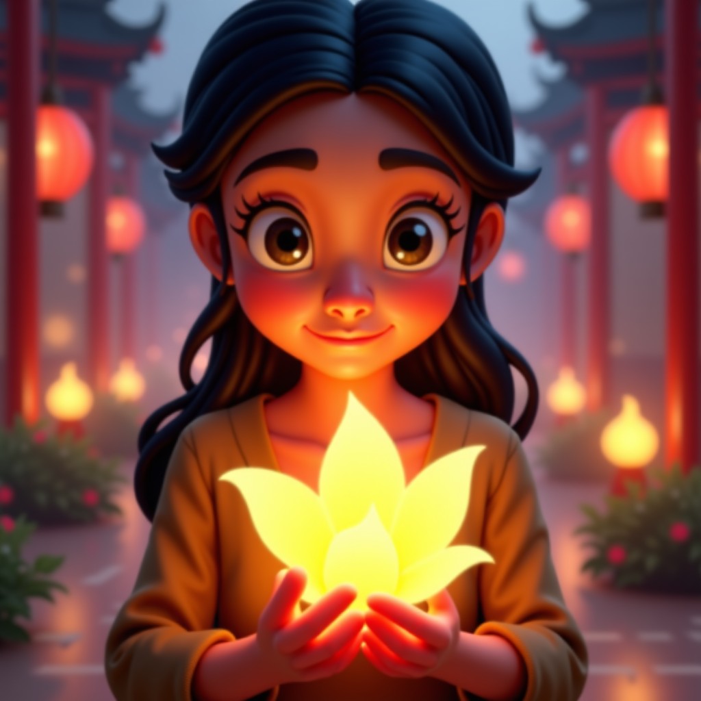 Close up of a character holding a glowing flower in a traditional palace setting, magical and serene atmosphere, warm light, detailed background, no text, 4:3 aspect ratio