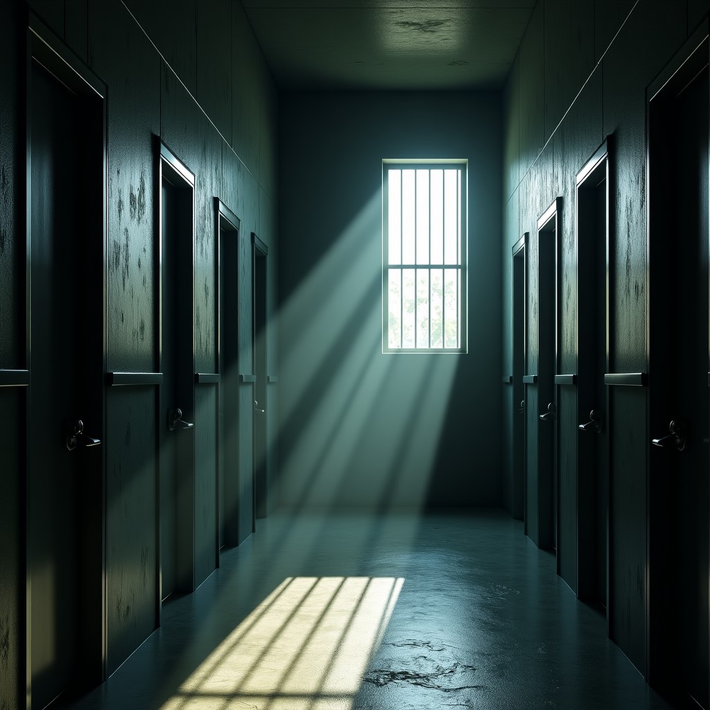 Interior of a bleak prison with iron bars and cold concrete walls, soft natural light streaming through a small window, cinematic, realistic, 4:3
