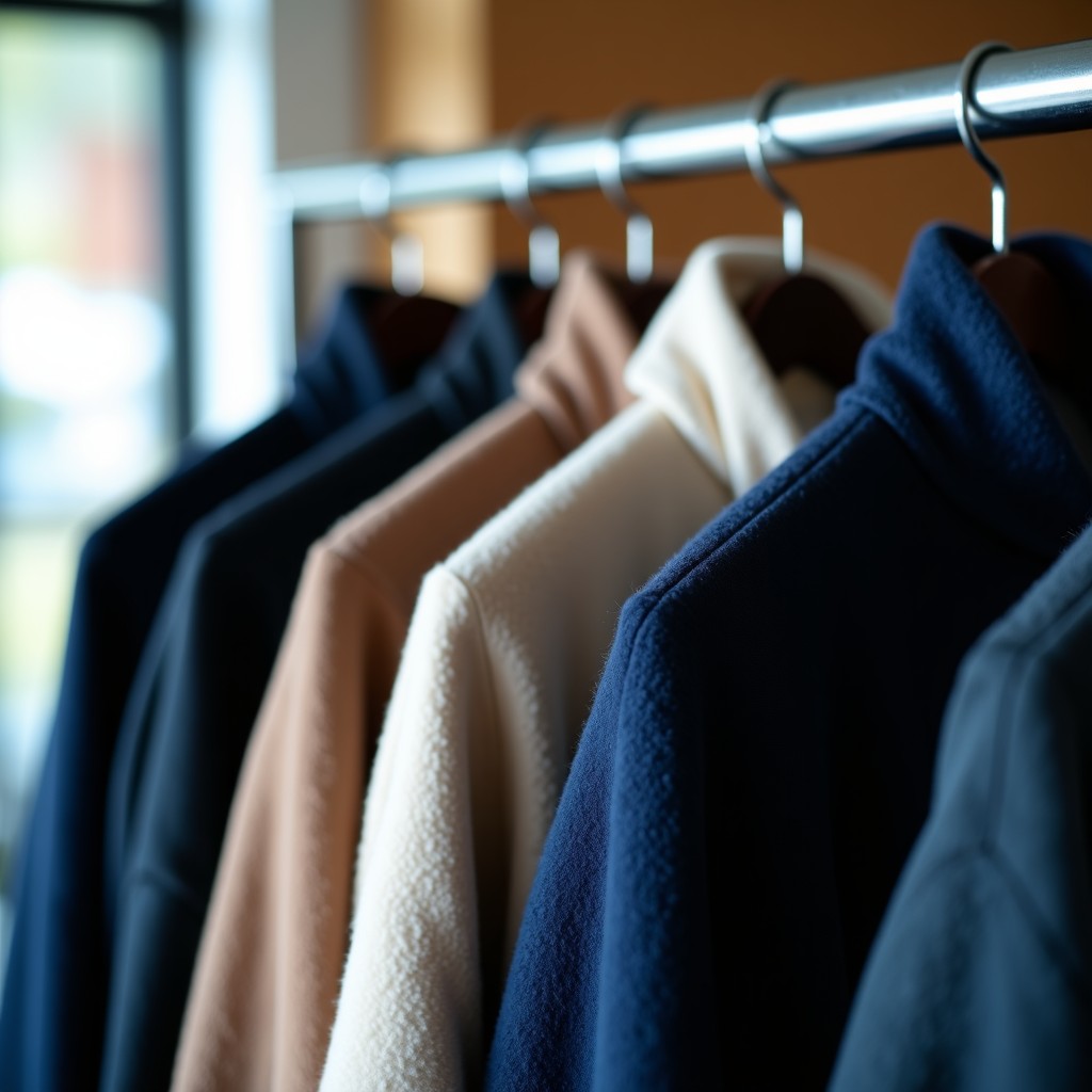 Close-up shot of high-quality fleece jacket texture, hanging on a metal rack, soft focus background, professional fashion photography, 4:3 ratio.