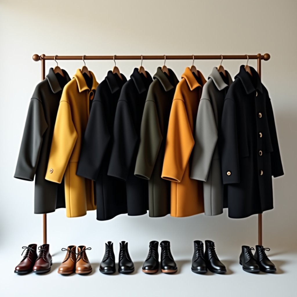 A collection of modern winter outerwear, fleece jackets, and wool coats arranged neatly in a minimalist studio, soft ambient lighting, fashion editorial style, 4:3 ratio.