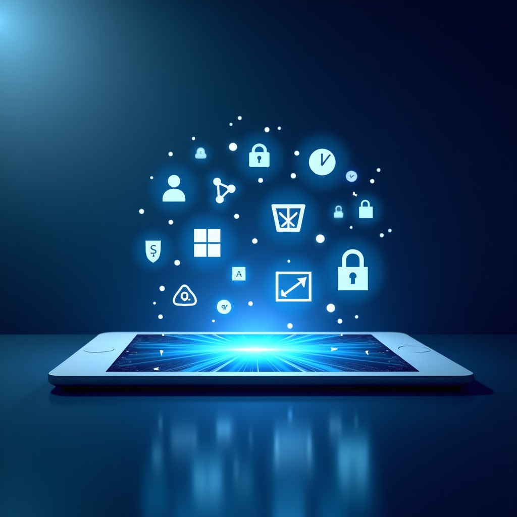 A conceptual image of digital forensic analysis, digital security icons floating, modern clean aesthetic, bright lighting, high resolution, 4:3