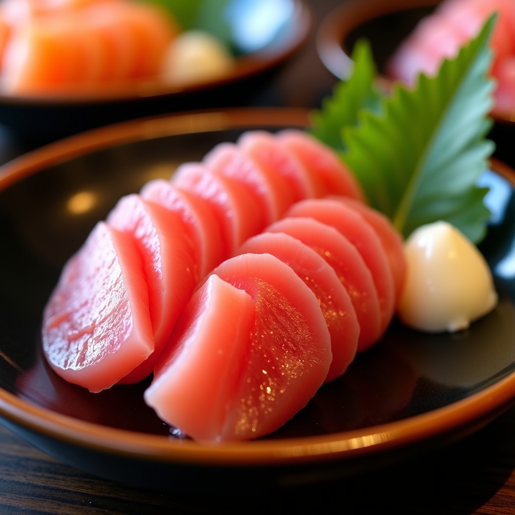 Close-up of high quality sliced sashimi served on a dark ceramic plate, fresh texture, artistic food plating, soft ambient lighting in a restaurant, authentic Japanese atmosphere, 4:3