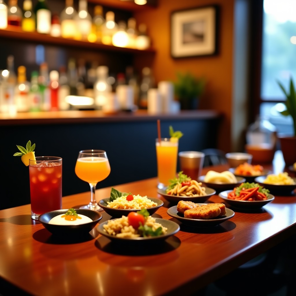 A variety of Japanese small dishes and drinks on a wooden table, warm and inviting pub interior, cinematic lighting, selective focus on food, 4:3